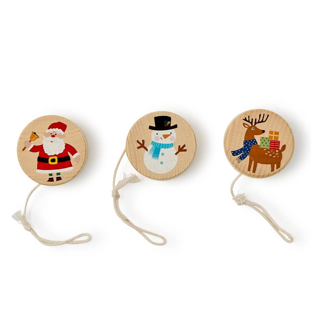 Three wooden Christmas yo-yos featuring Santa Claus, a snowman, and a deer on a white background.