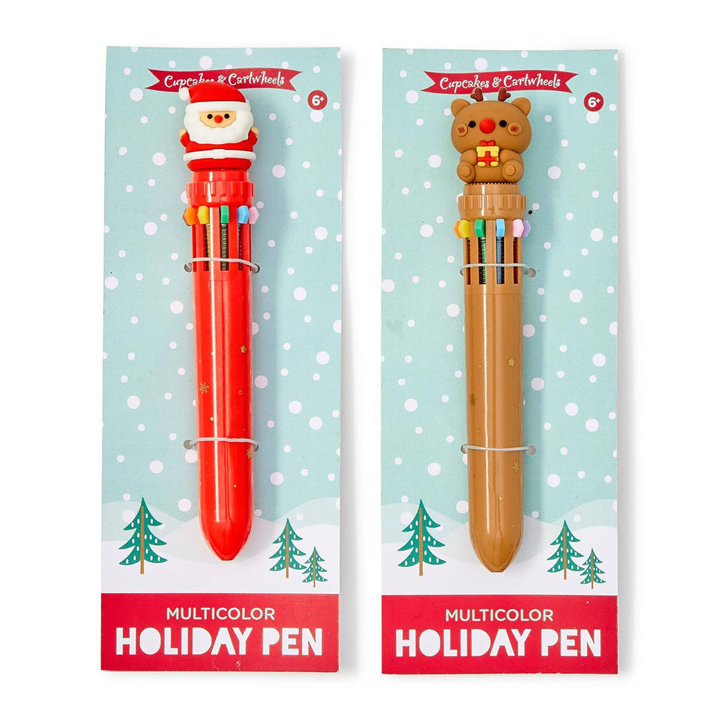 Two multicolor holiday pens in packaging with Christmas-themed designs.