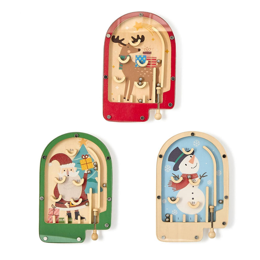 Three wooden mini pinball games with festive designs of a reindeer, Santa Claus, and snowman on a white background.