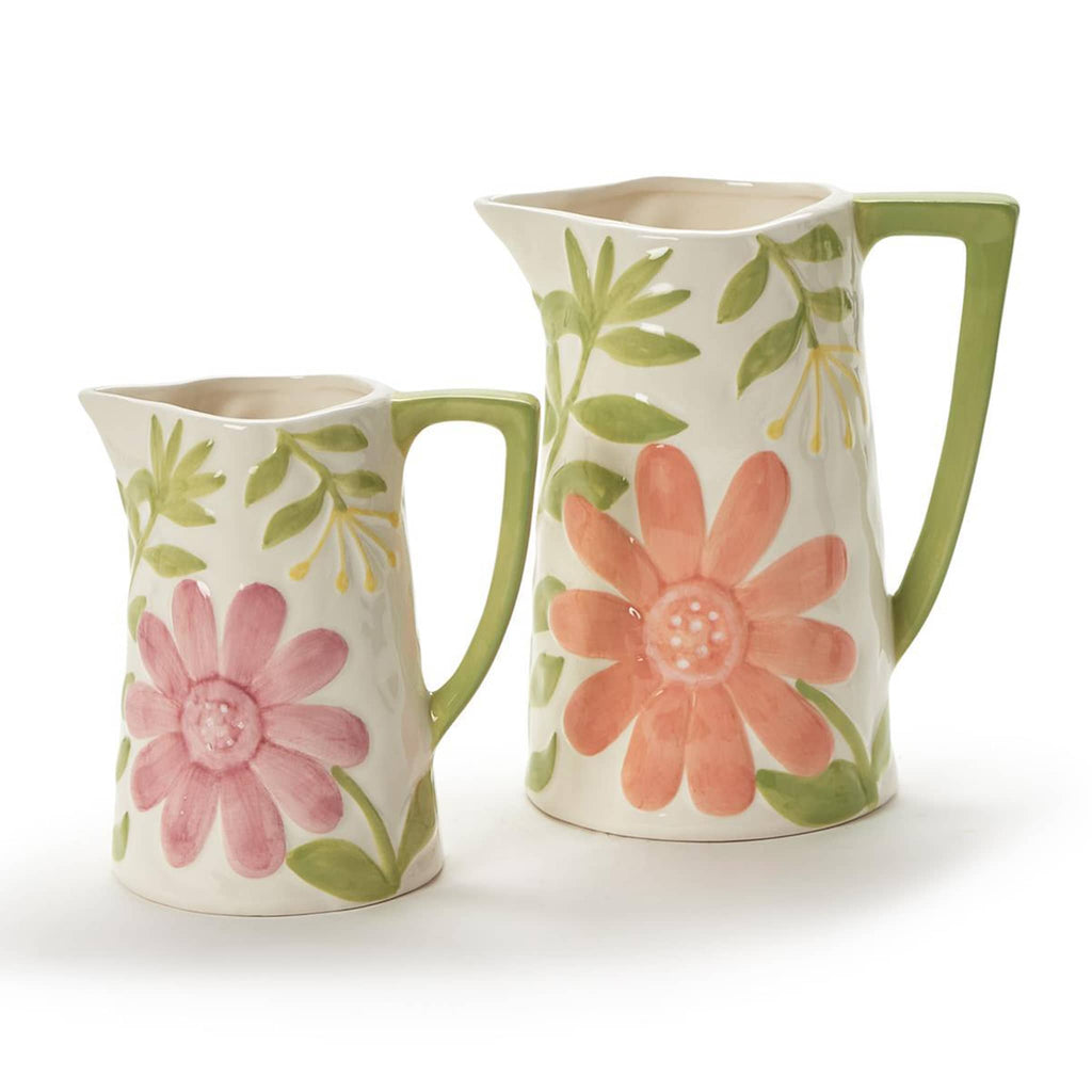 Two's Company Small and Large Hand-Painted floral relief pitchers, handles on the right.