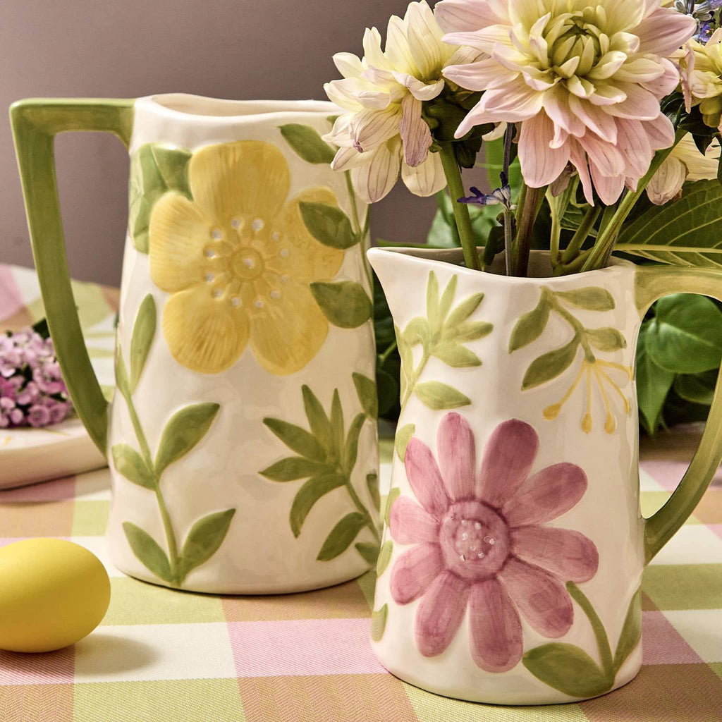 Two's Company Small and Large Hand-Painted floral relief pitcher, small has flowers.