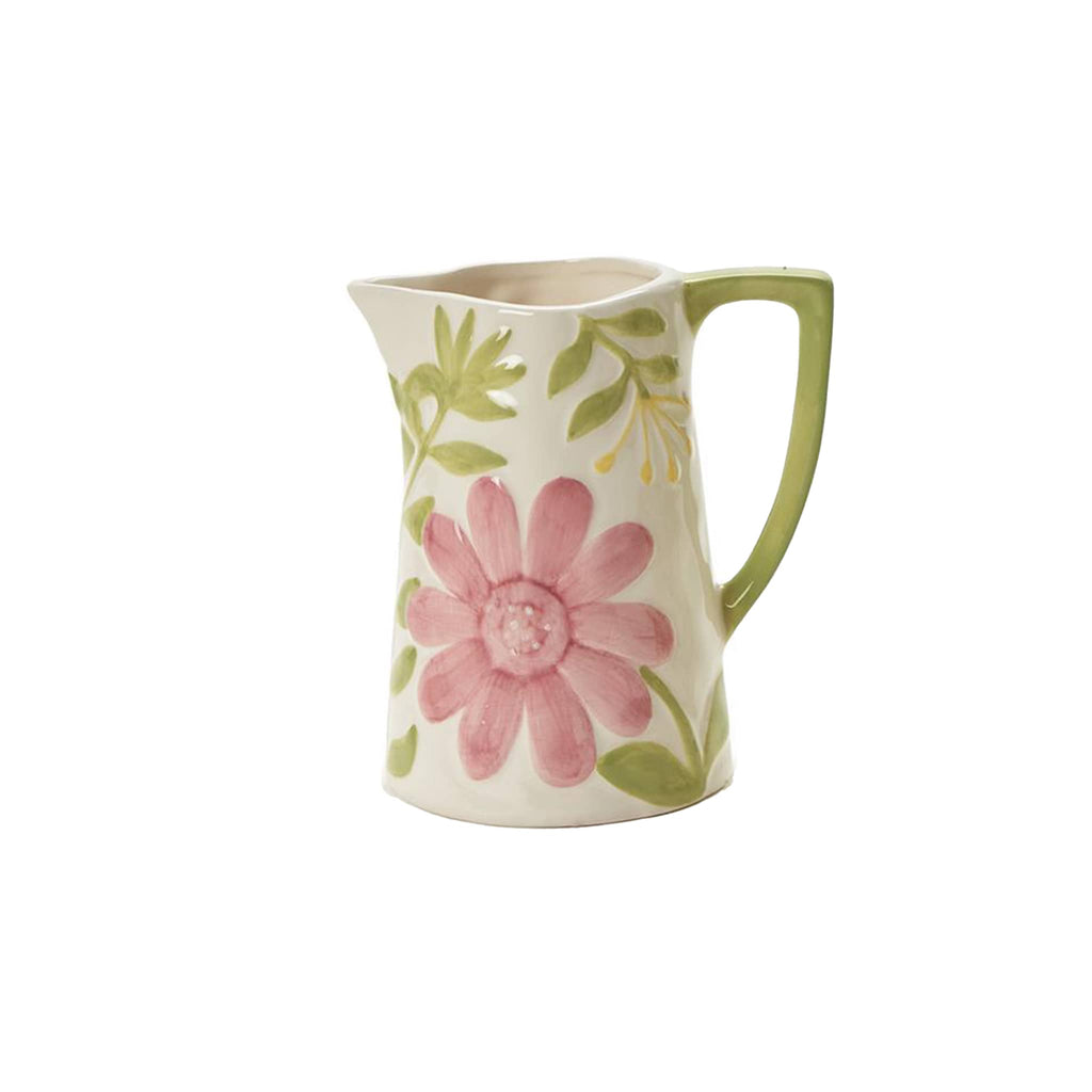 Two's Company Small Hand-Painted floral relief pitcher, handle on the right.