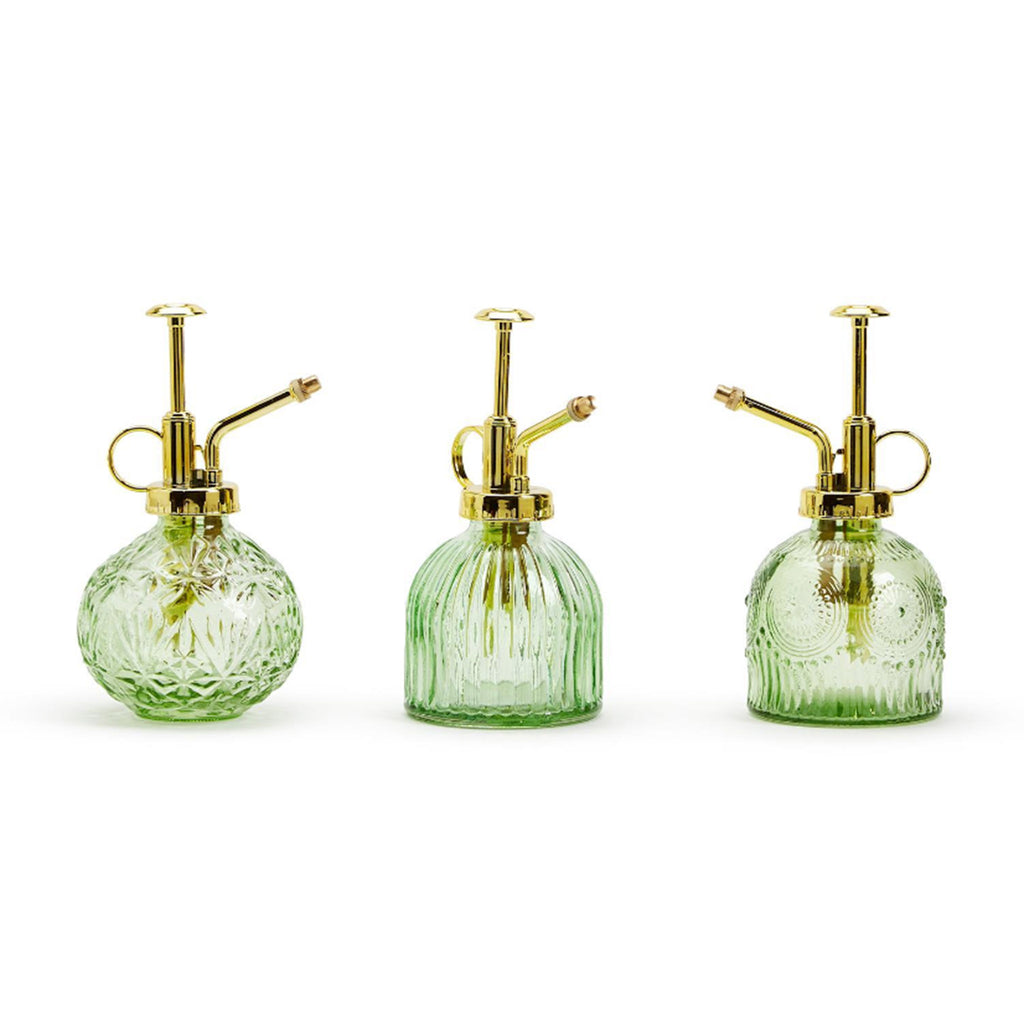 Two's Company Countryside Plant Mister with green glass base and plastic pump with a gold finish, in 3 styles.