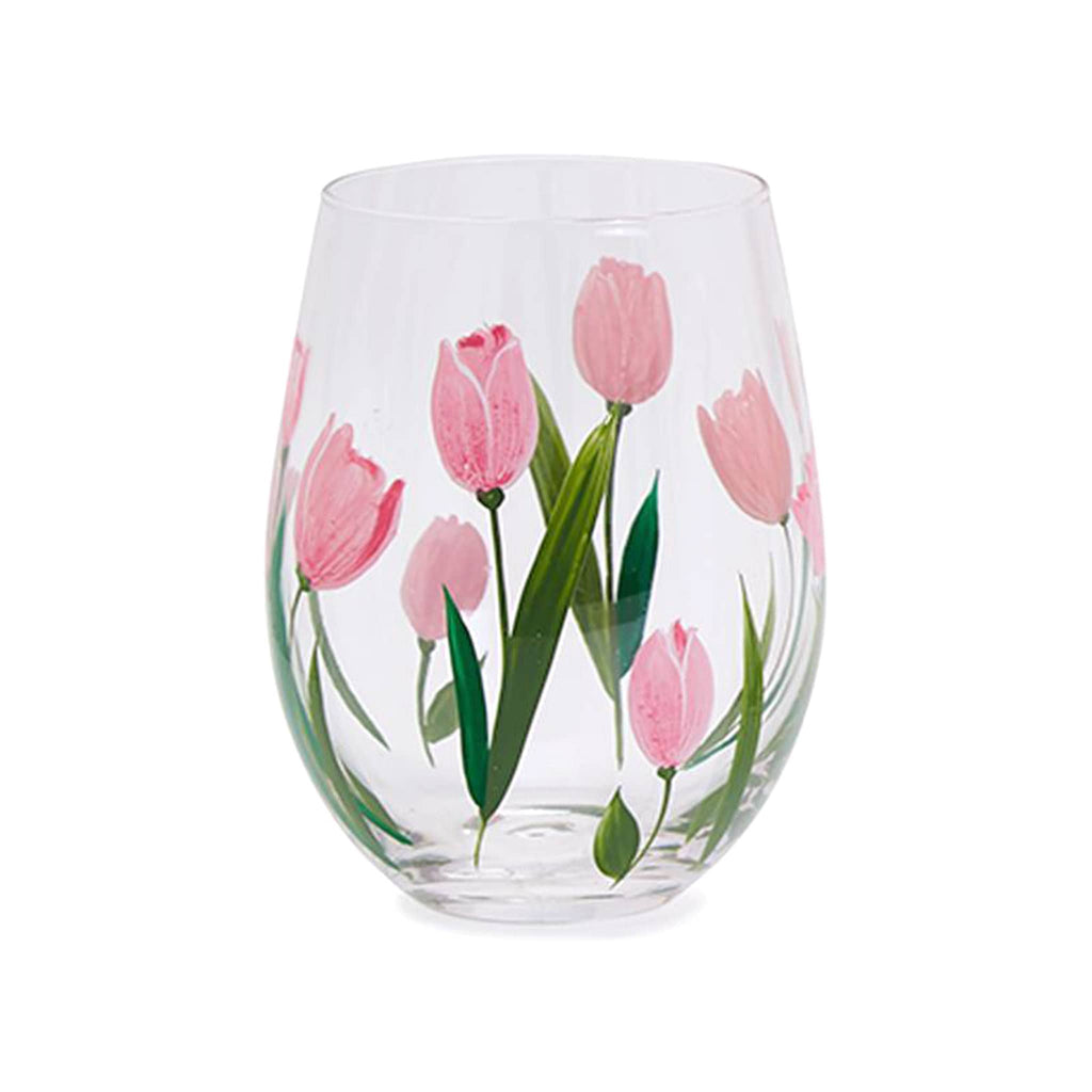 Two's Company clear stemless wine glass with pink tulips and green leaves.