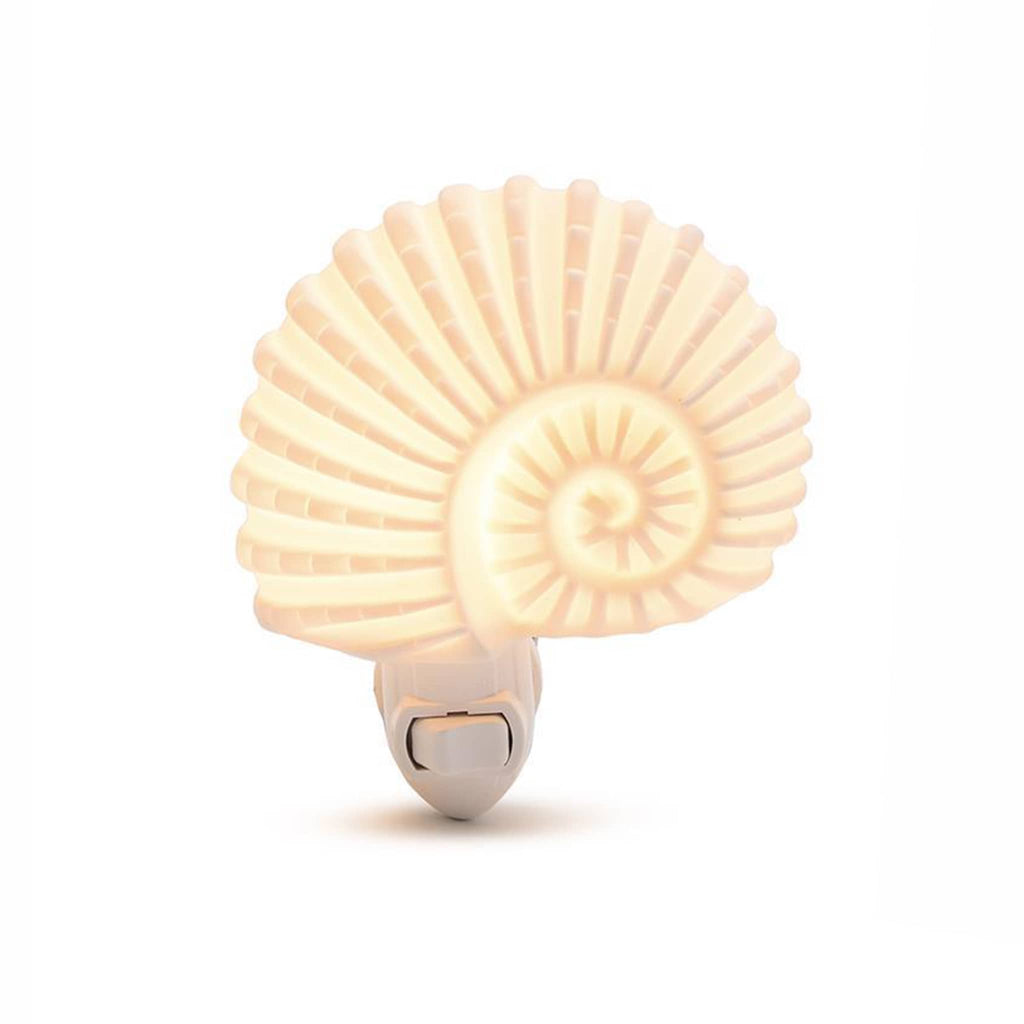 Two's Company Nautilus Shell Decorative Night Light, front view, lit.