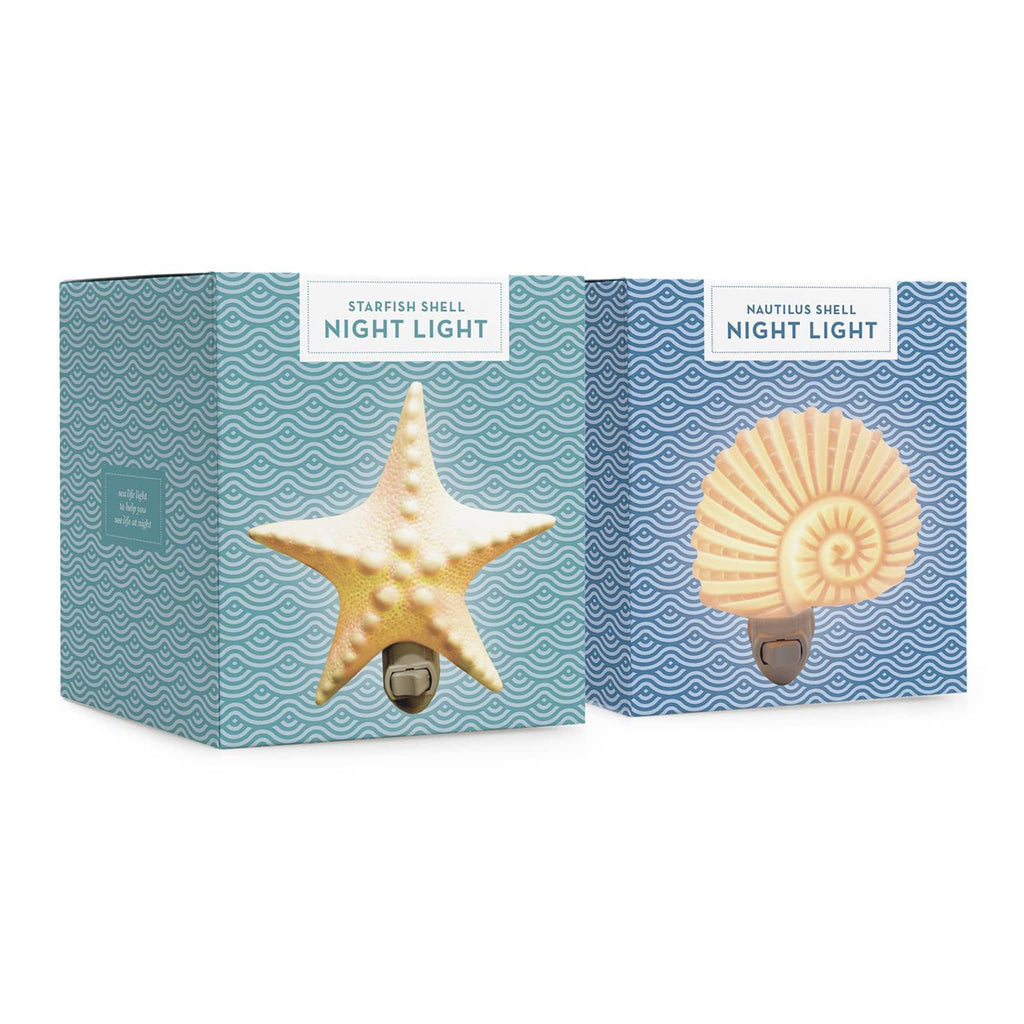 Two's Company Nautilus Shell Decorative Night Light in box packaging, front angle.