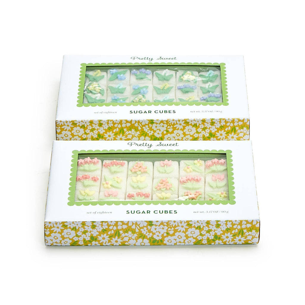 Two's Company Pretty Sweet hand-decorated sugar cubes with floral designs in gift boxes, 2 styles, side view.