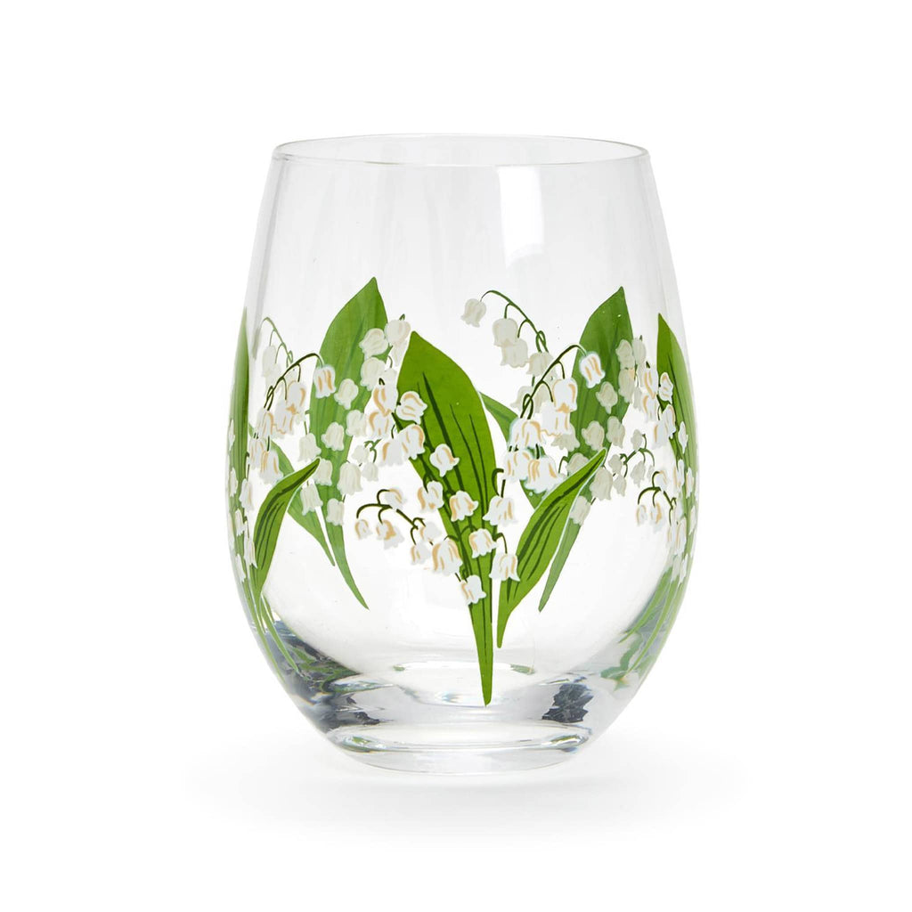 Two's Company clear stemless wine glass with lily of the valley flowers and green leaves all around.
