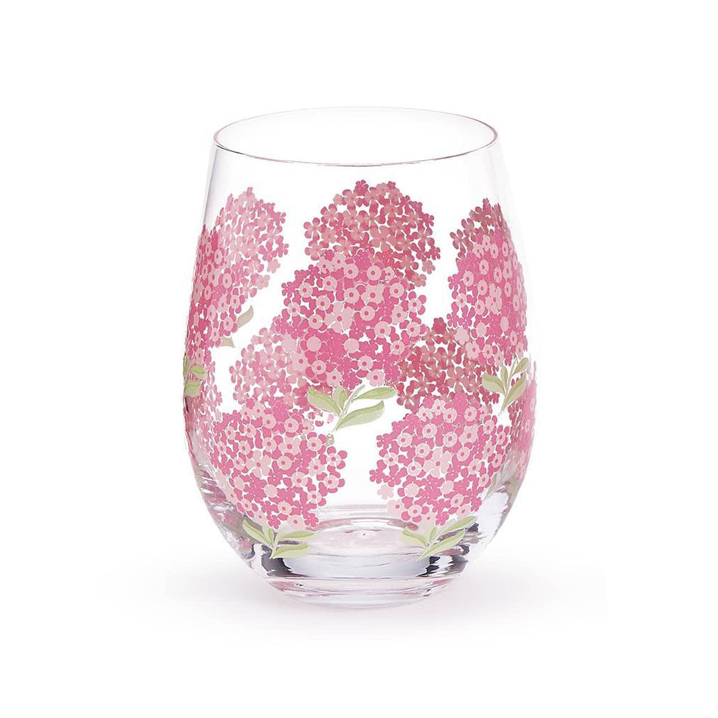 Two's Company Pink Hydrangea stemless wine glass, empty.