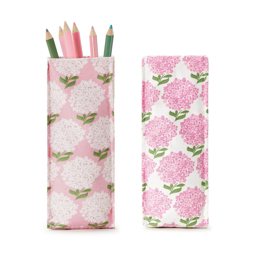 Two's Company Pink Hydrangea upright eyeglass holder in 2 styles, with colored pencils inside one.