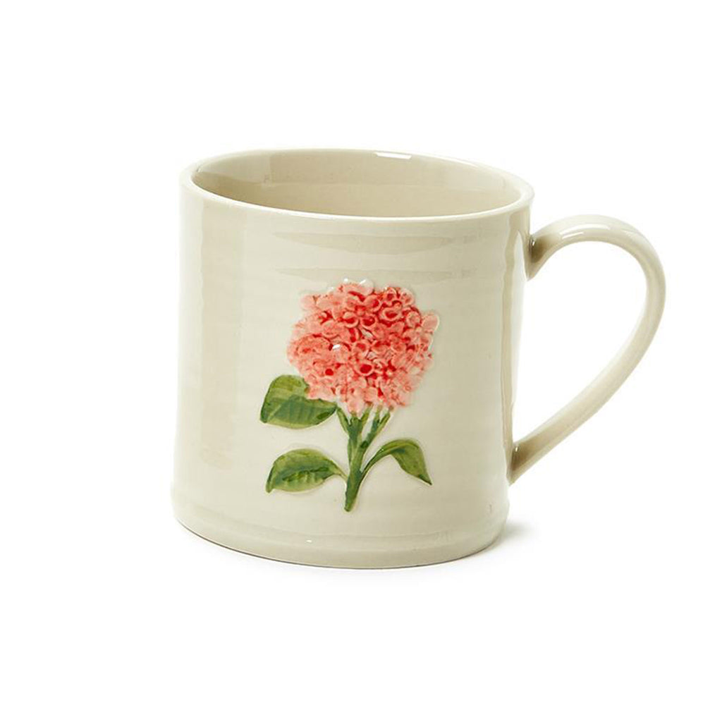 Two's Company cream stoneware mug with embossed hand-painted pink hydrangea design.