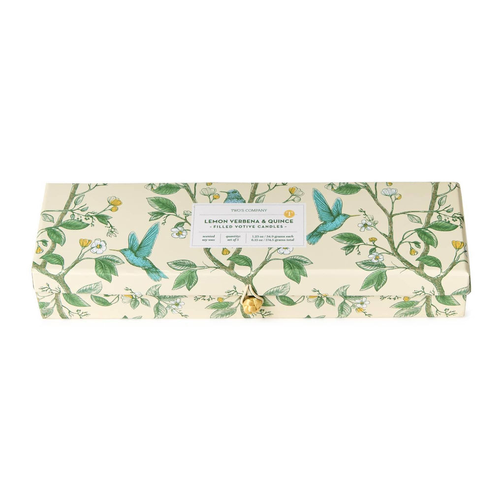 Two's Company Lemon Verbena & Quince scented votive candles in botanical print box.