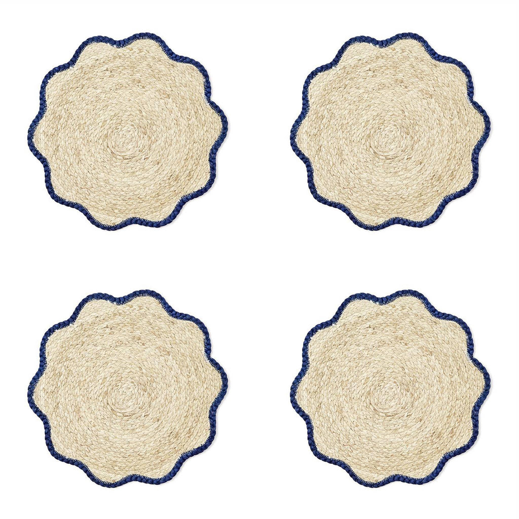 Two's Company Handwoven Seagrass Placemats with navy scalloped edge, set of four.