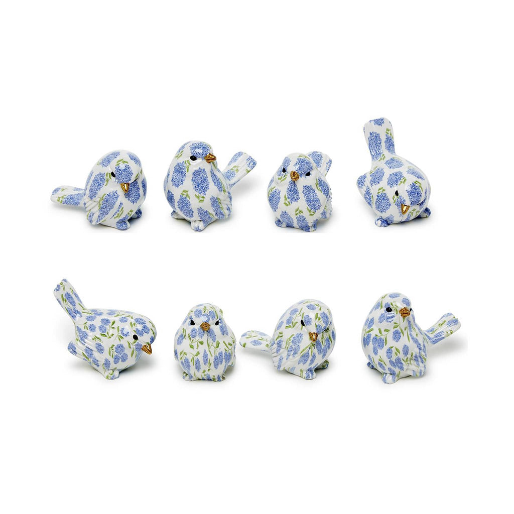 Two's Company resin bird figurine with blue hydrangea floral print in eight styles.