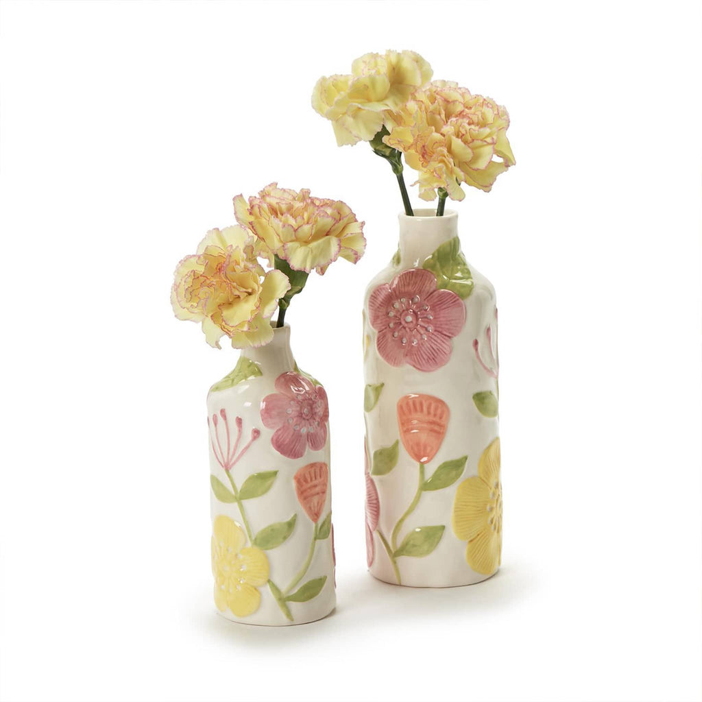 Two's Company Small and Large hand-painted floral relief vases with yellow carnations.