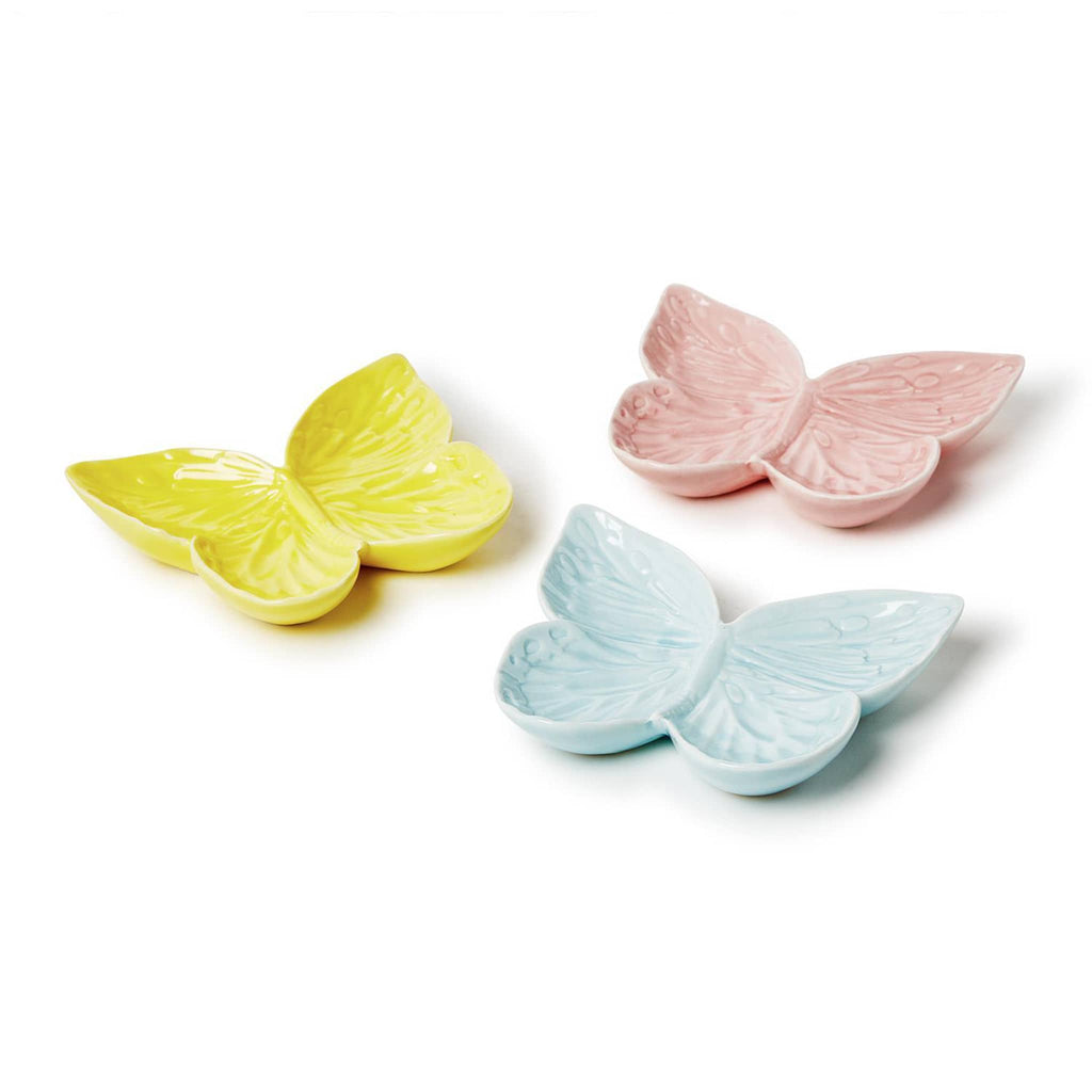 Two's Company Butterfly-shaped porcelain tidbit dish in yellow, pink and blue.