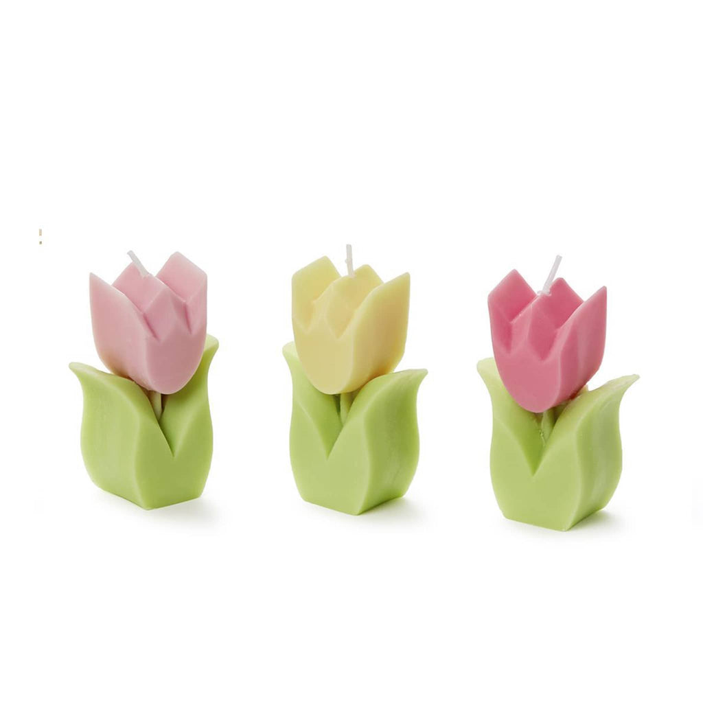 Two's Company Tulip Garden shaped unscented candle in three colors, front angle.