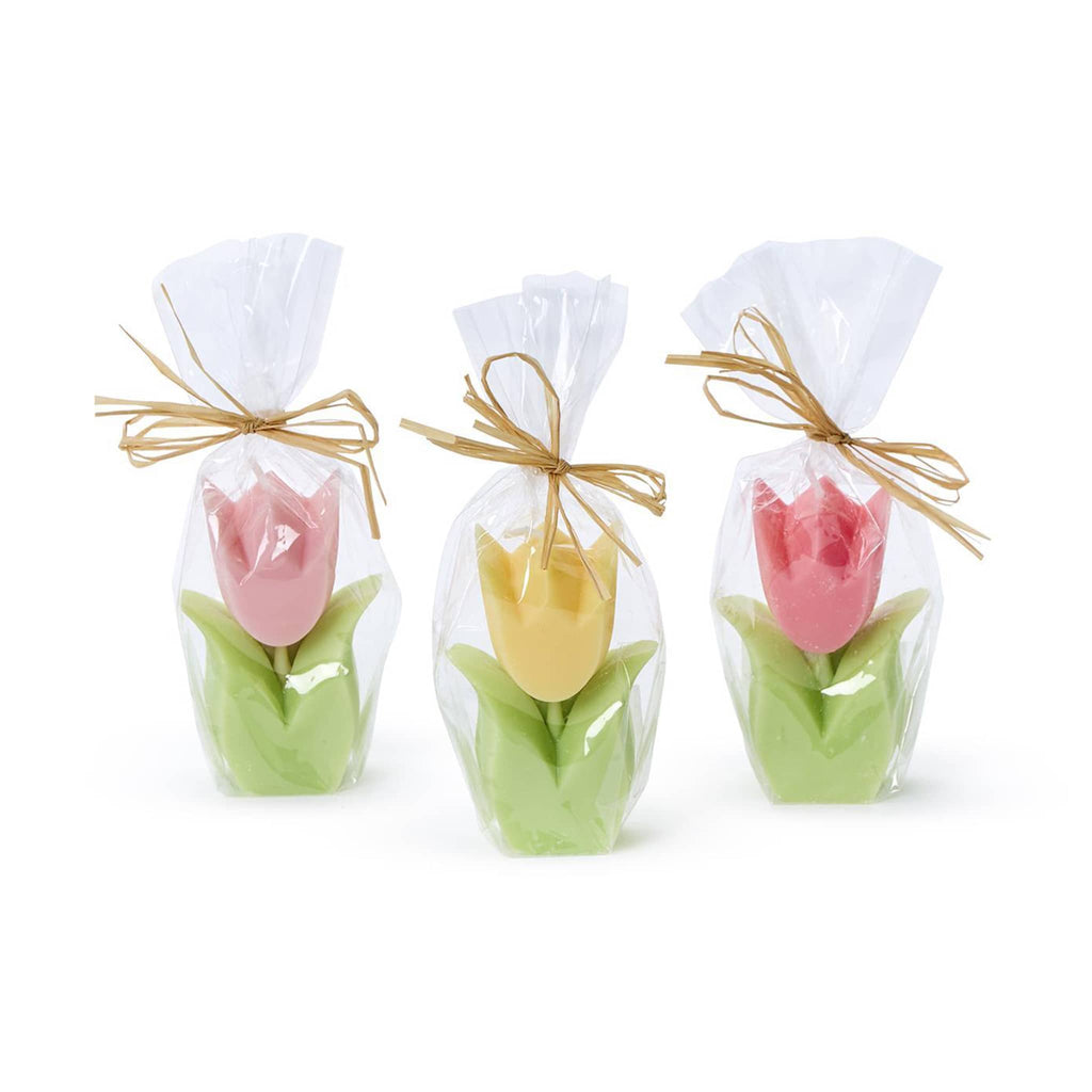 Two's Company Tulip Garden shaped unscented candle in three colors, front view with cellophane packaging.