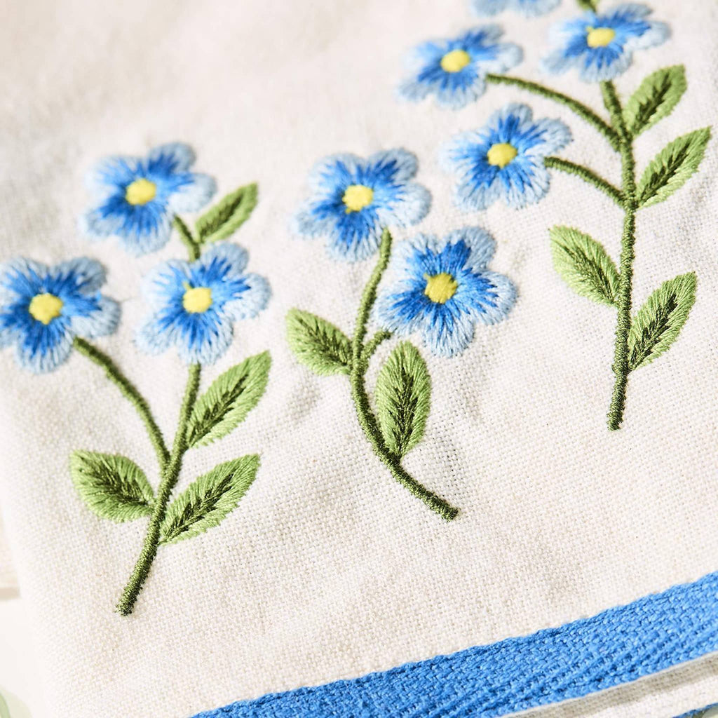 Two's Company Forget Me Not blue floral embroidered dish towel, detail.