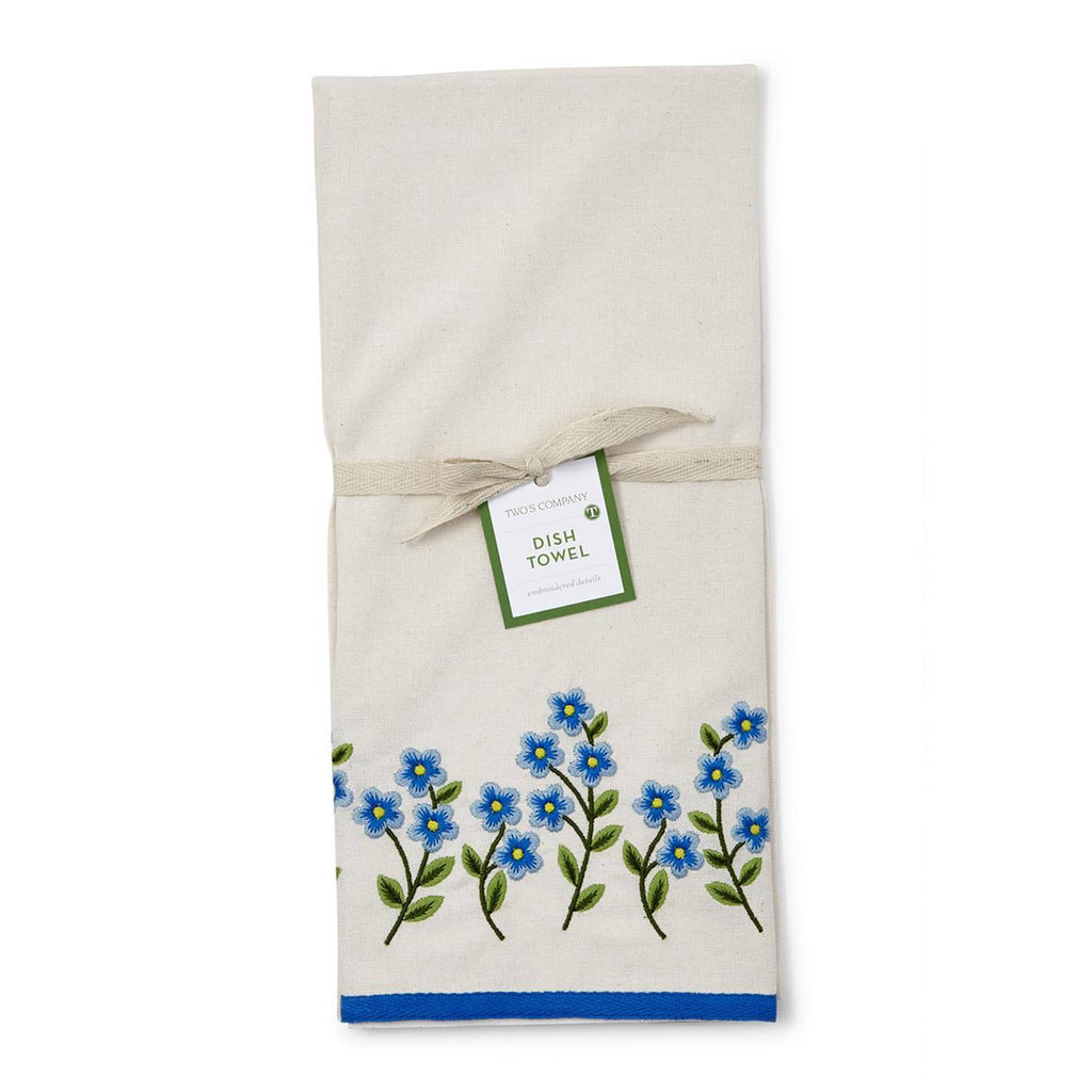 Two's Company Forget Me Not blue floral embroidered dish towel with tag.