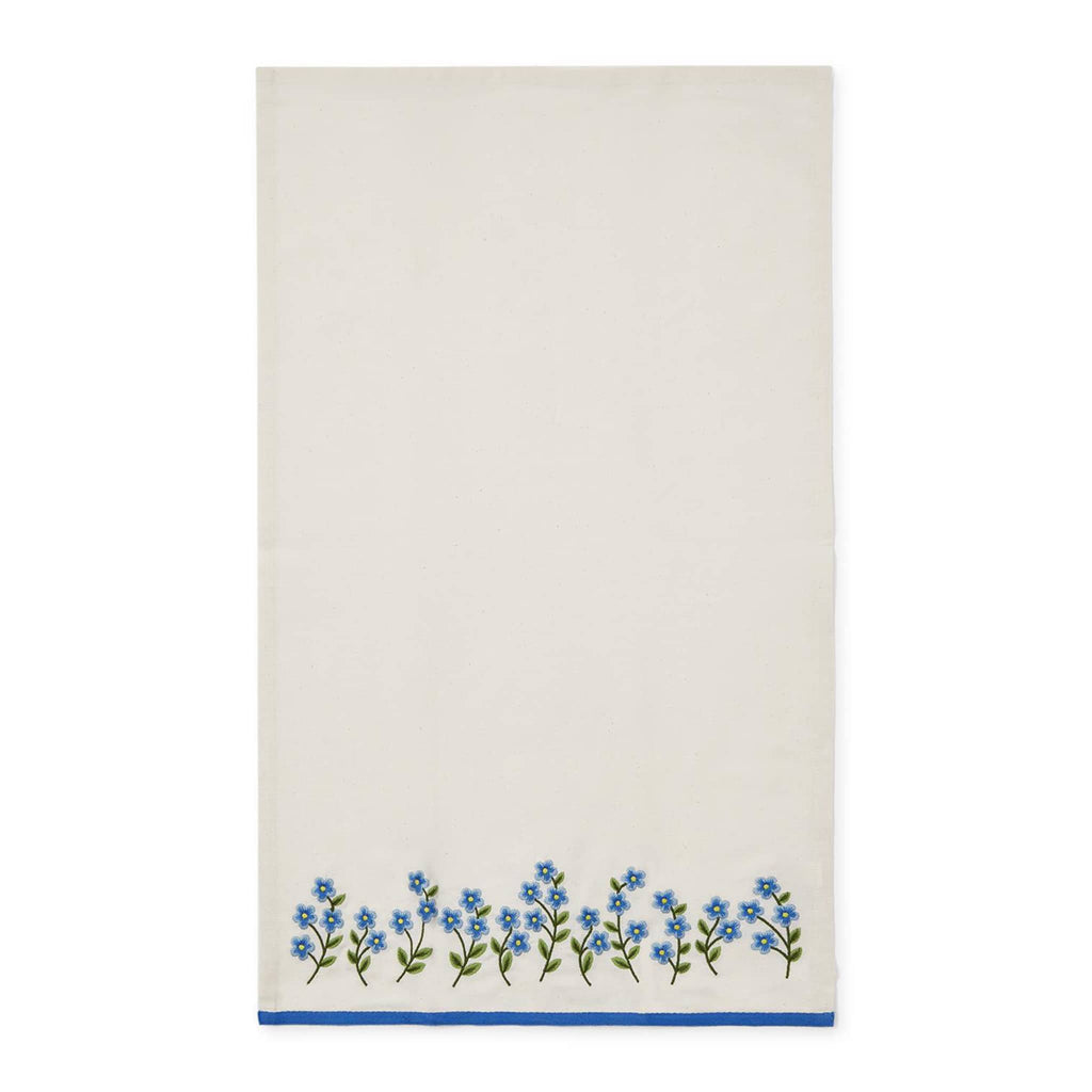 Two's Company Forget Me Not blue floral embroidered dish towel.