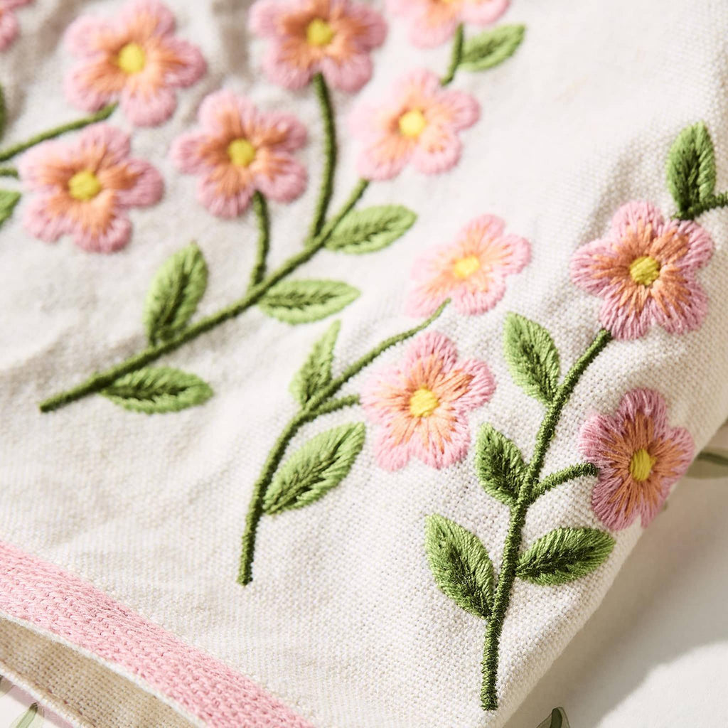 Two's Company Forget Me Not pink floral embroidered dish towel, detail.