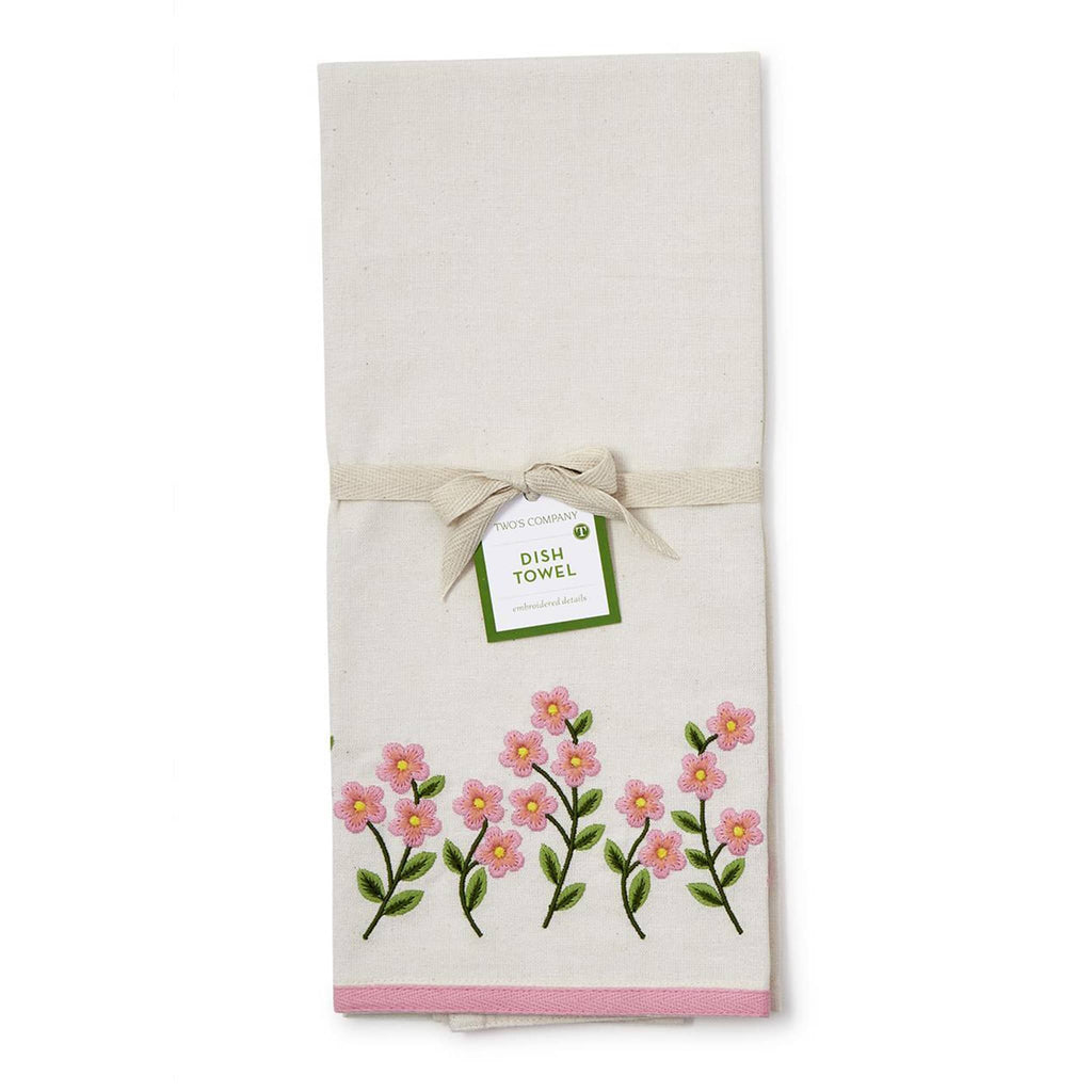 Two's Company Forget Me Not pink floral embroidered dish towel with tag.