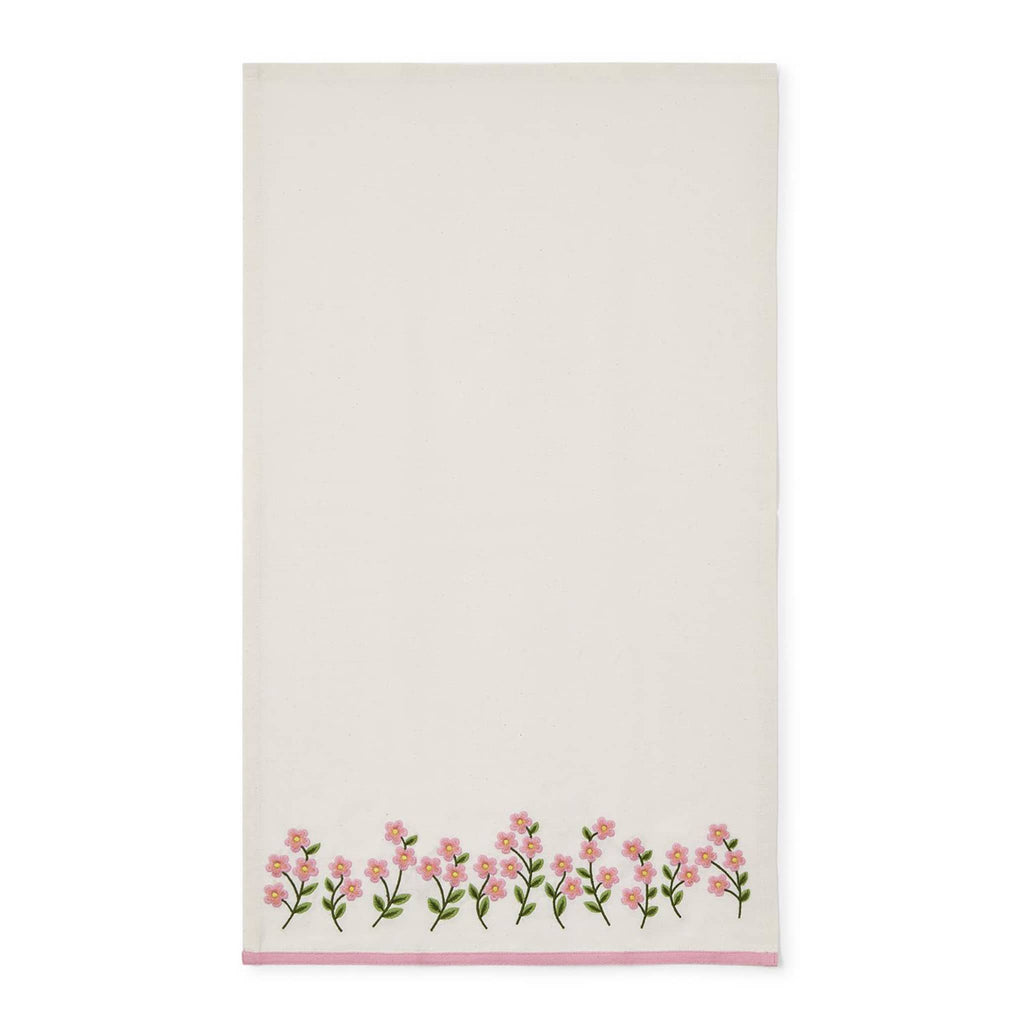 Two's Company Forget Me Not pink floral embroidered dish towel.