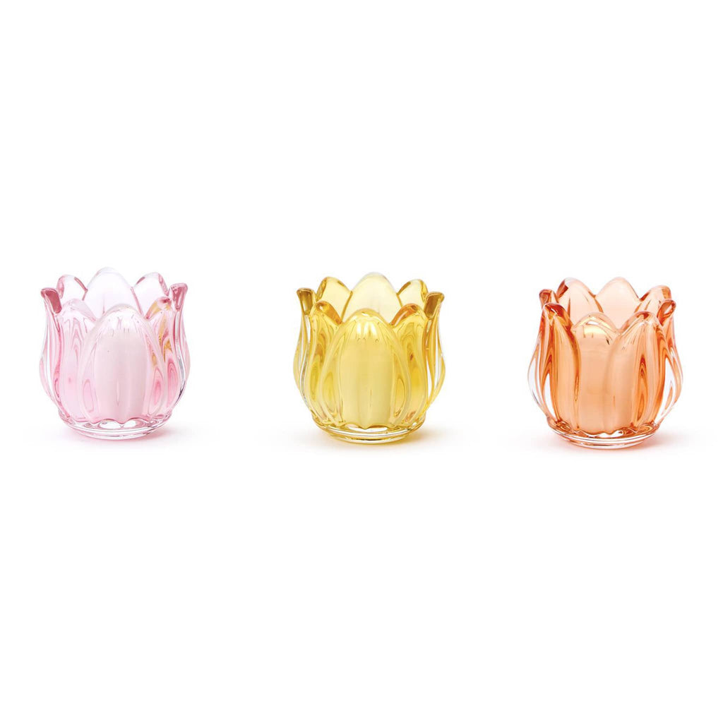 Two's Company Tulip Tealight Glass Candle Holder in pink, yellow and peach.