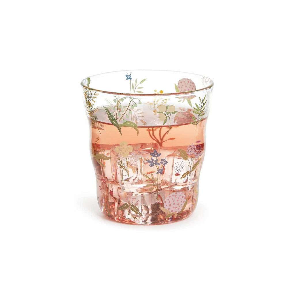 Two's Company Garden Delight Double Old Fashion Drinking Glass with floral print, filled with rose wine.