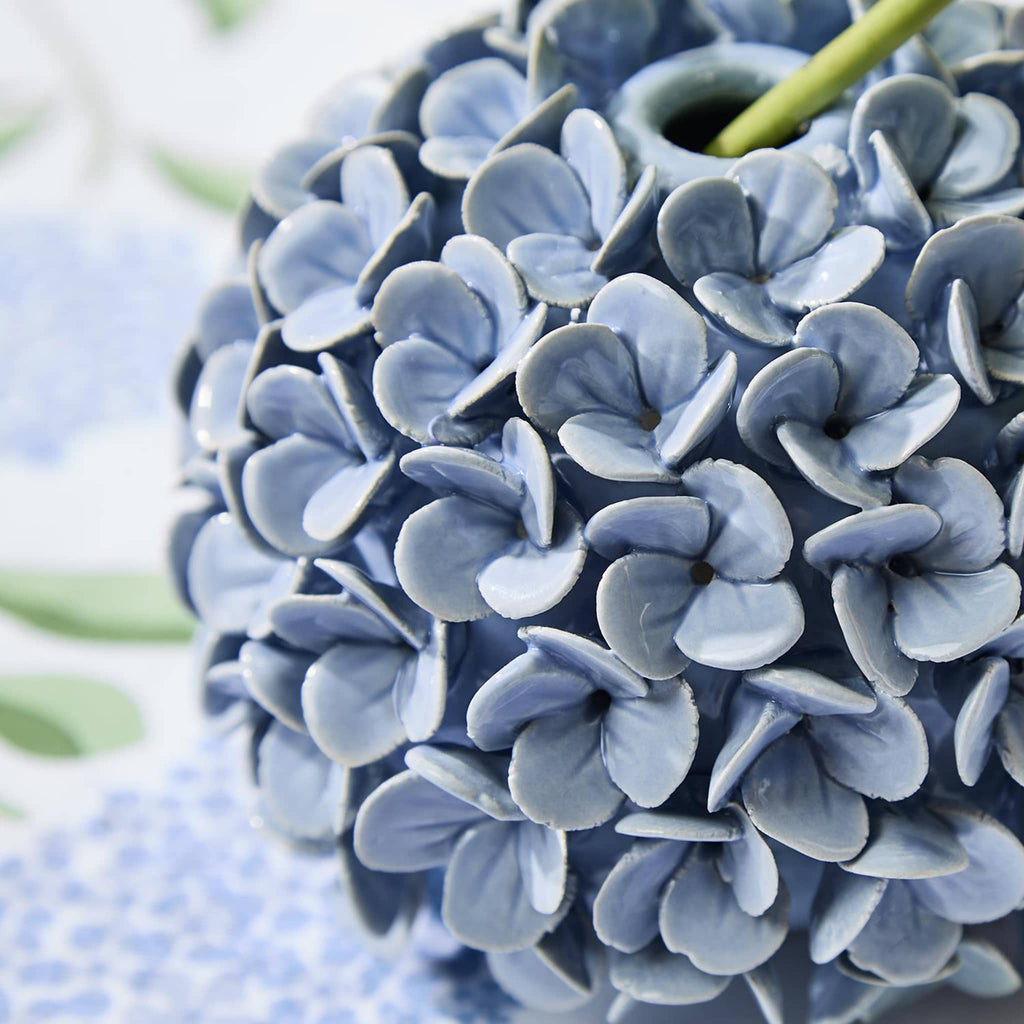 Two's Company Blue Hydrangea Porcelain Flower Bud Vase and Taper Holder, detail.