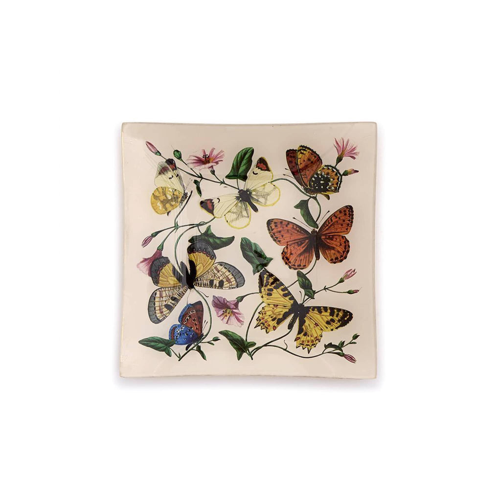 Two's Company Butterfly Square Glass Trinket Tray with gold foil backing.