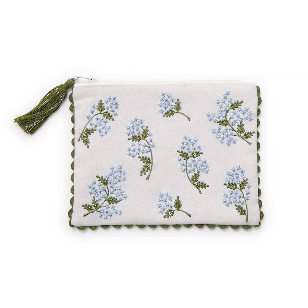 Two's Company white hydrangea zipper pouch with embroidery and bead embellishments, front view.