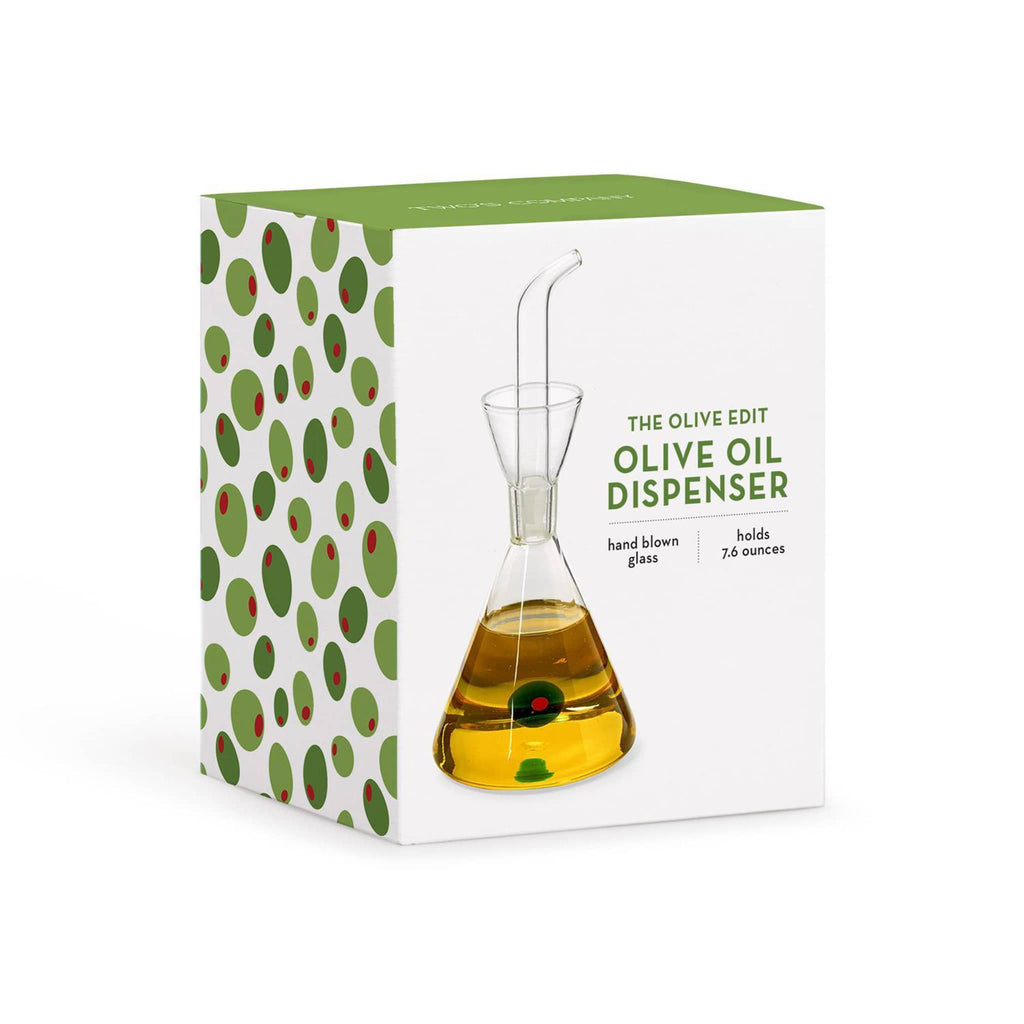 Olive oil dispenser in packaging with green olive design, on a white background.