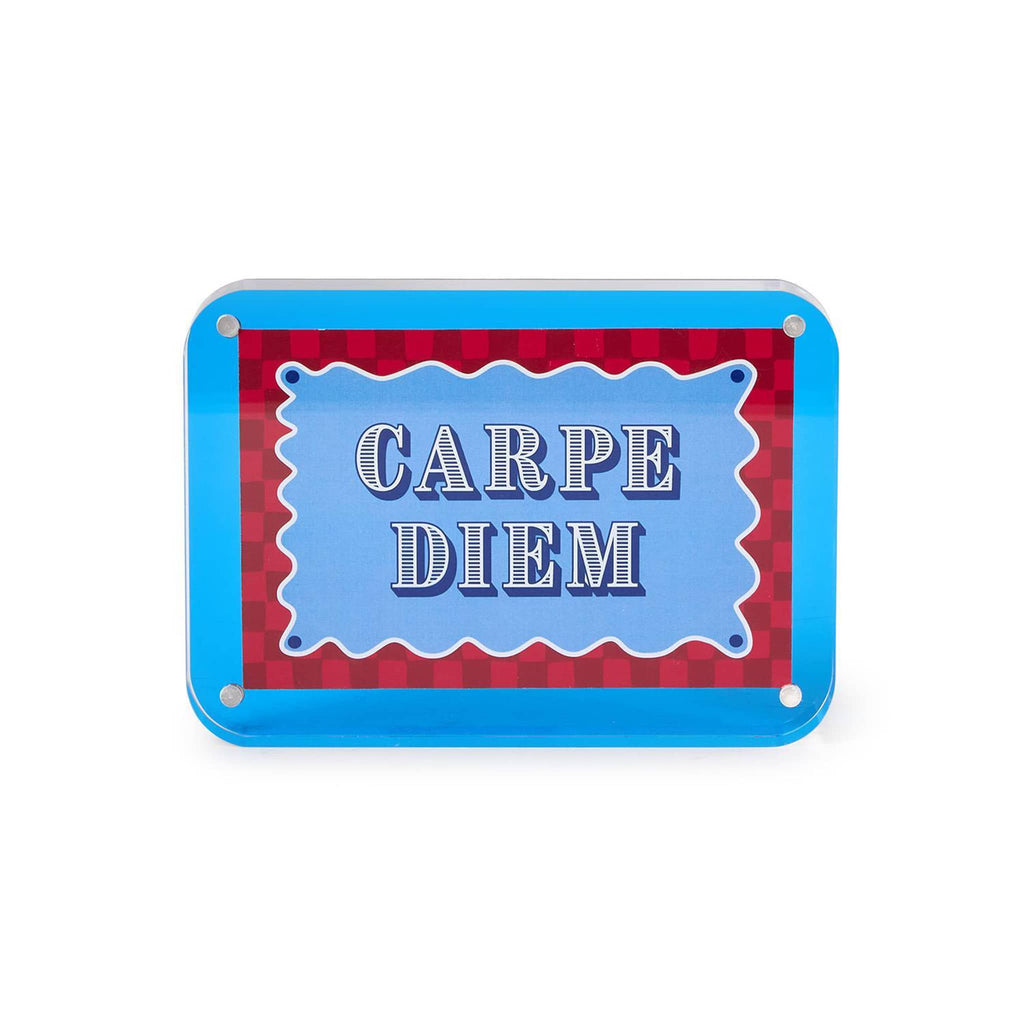Blue acrylic frame with insert that says 'Carpe Diem' on a red and blue background, on a white background.