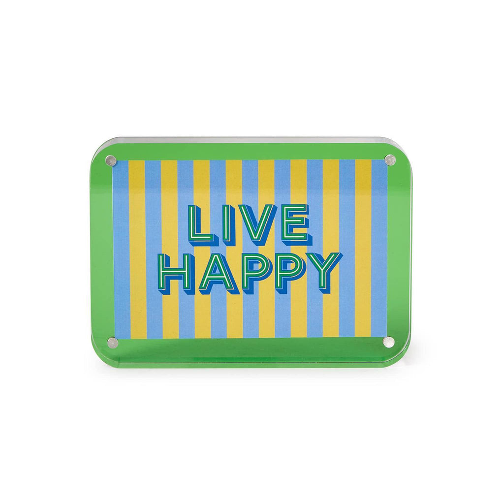Green acrylic frame with insert that says 'Live Happy' on a blue and yellow striped background, on a white background.