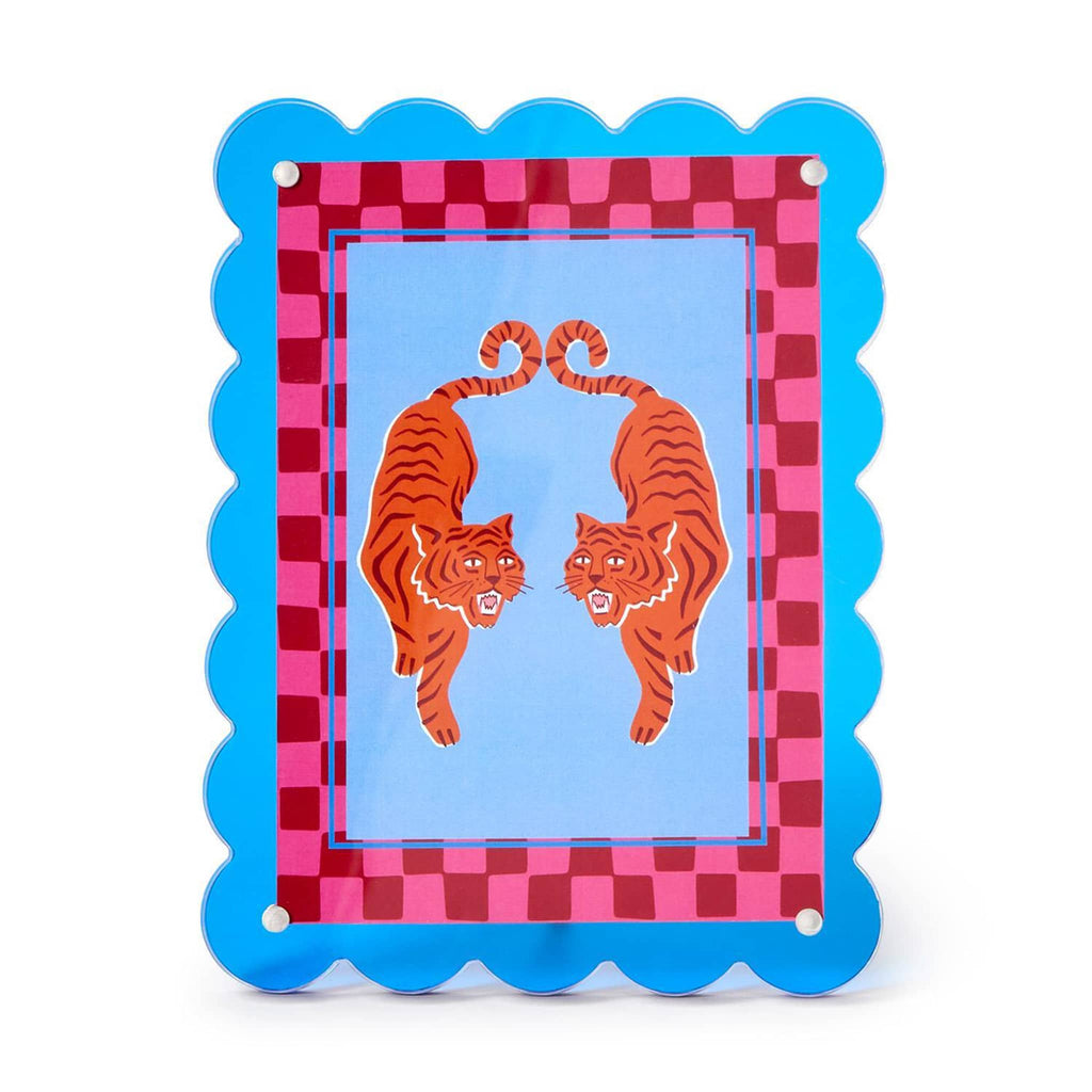 Blue acrylic frame with checkered border and orange tiger design on a white background.