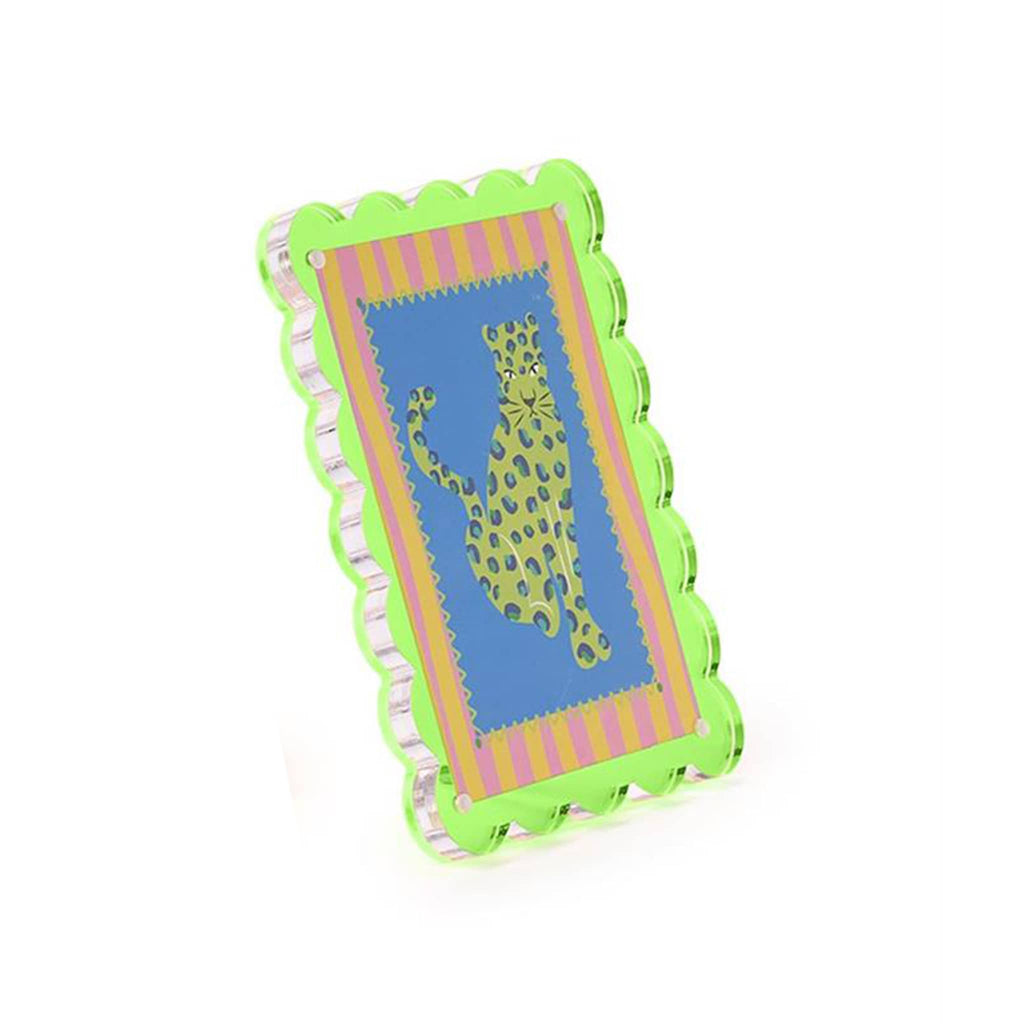 Green acrylic frame with striped border and green cougar design, angle view, on a white background.