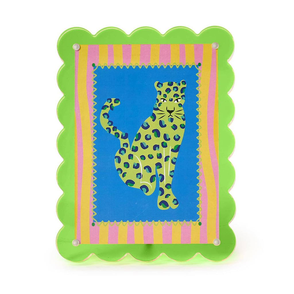 Green acrylic frame with striped border and green cougar design on a white background.