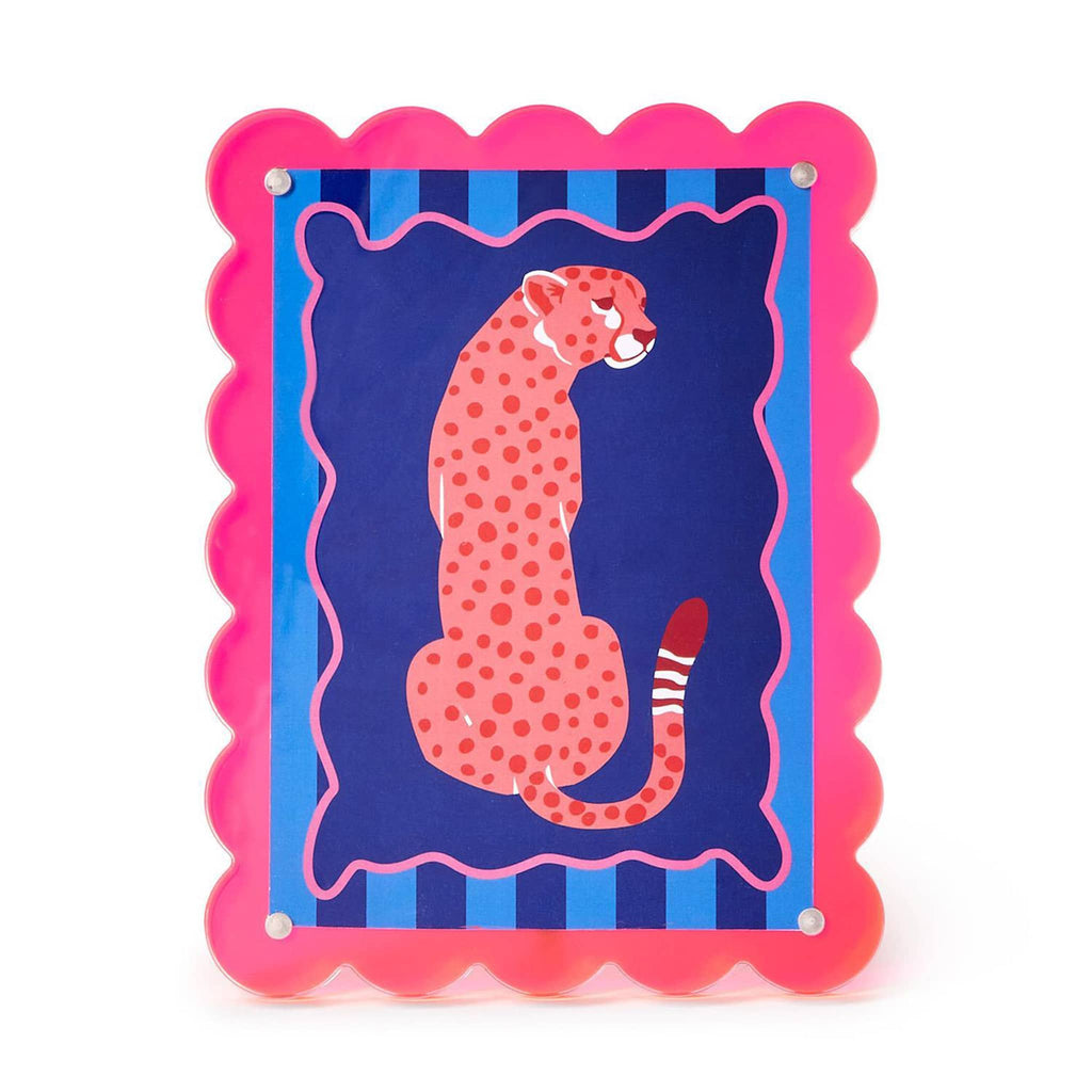 Pink acrylic frame with striped border and pink leopard design on a white background.