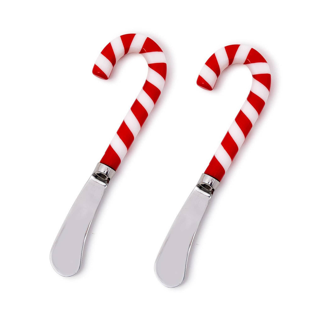 two's company peppermint twist cheese and jam spreaders, set of 2 in stainless steel with red and white striped candy cane handles.