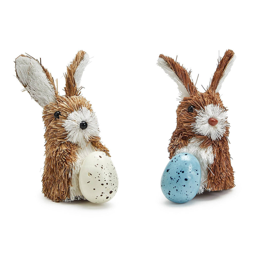 Two's Company Bottlebrush grass bunny in brown and white with hand-painted speckled egg in white or blue.