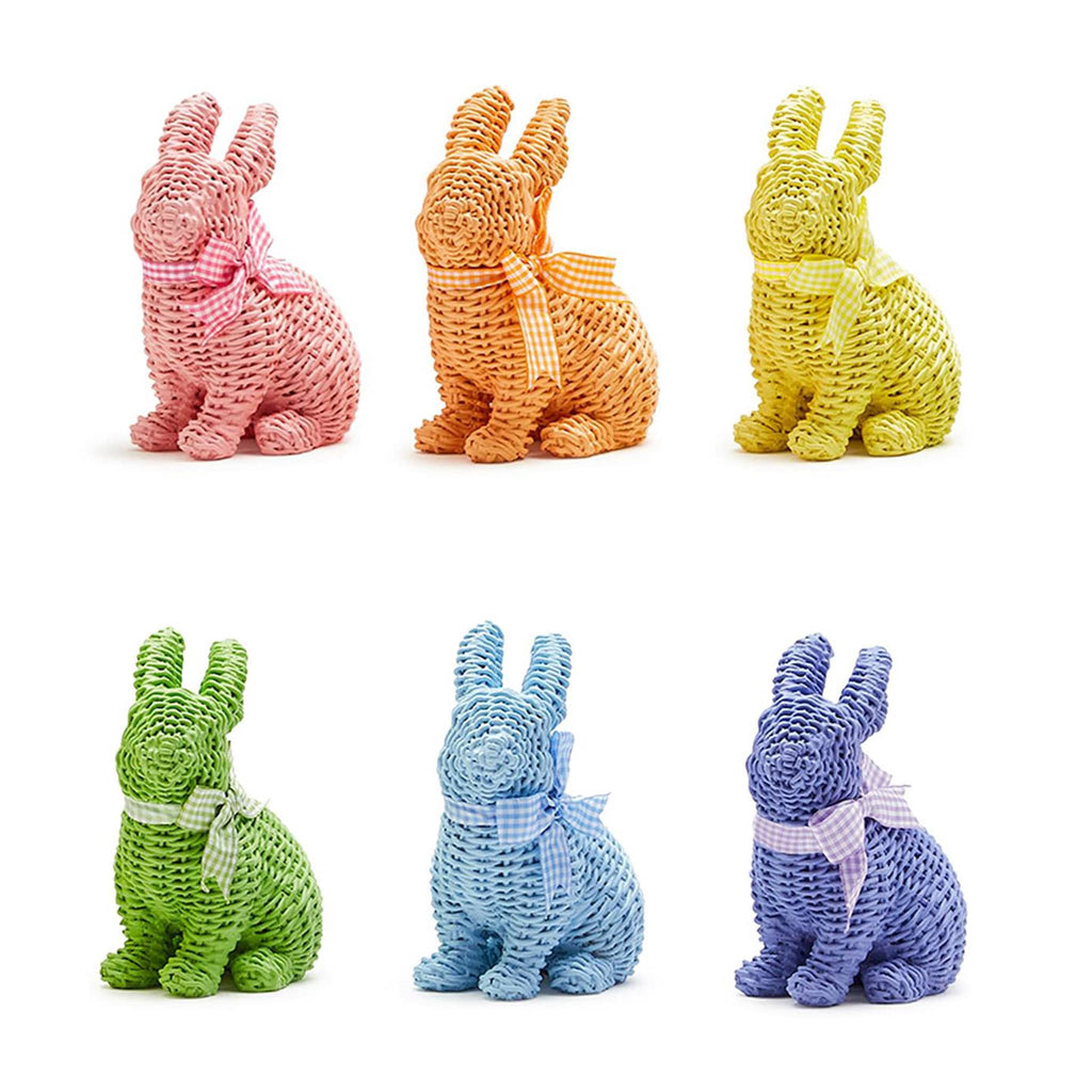 Two's Company resin sitting bunny with basket weave design and matching gingham bow in six colors, front view.