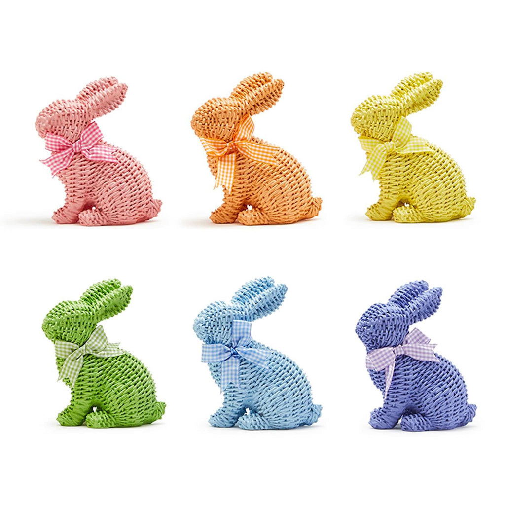 Two's Company resin sitting bunny with basket weave design and matching gingham bow in six colors, side view.