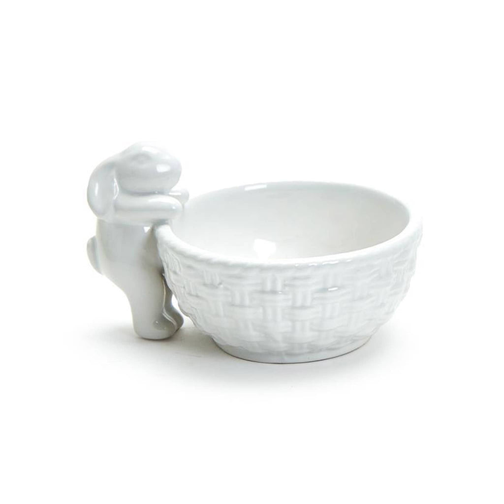 Two's Company Tiny Standing Bunny Easter white dolomite tidbit bowl with woven pattern and a little bunny standing with its front paws on the rim of the bowl.