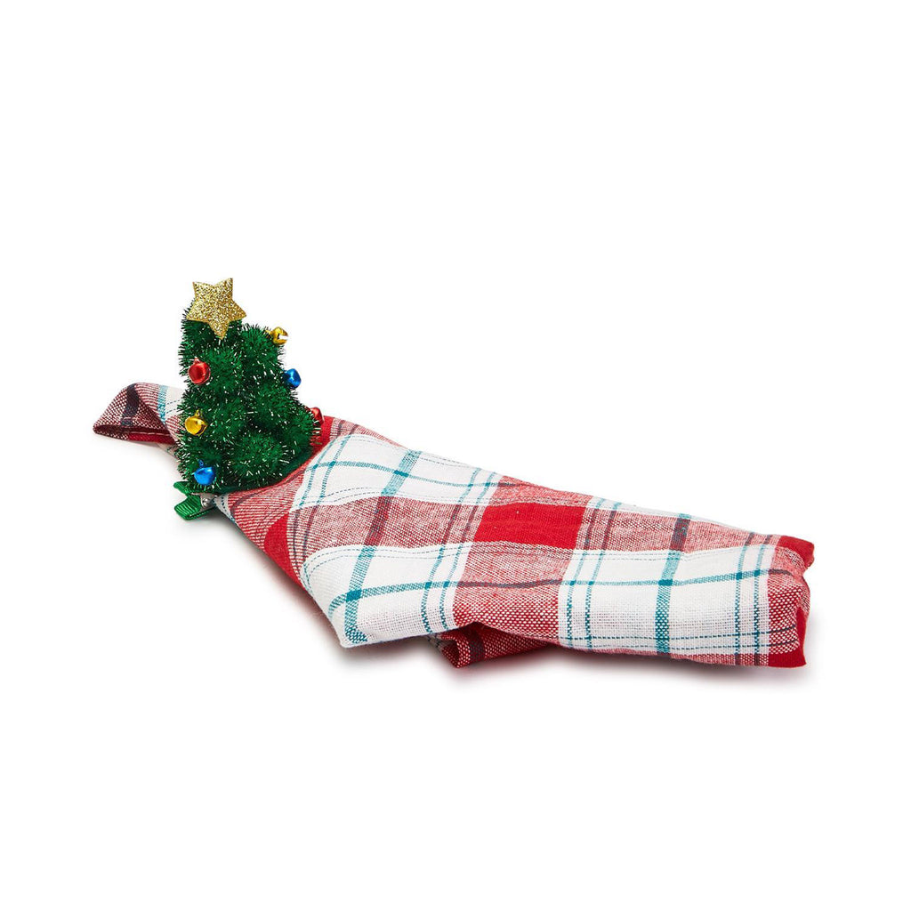 Two's Company Merry and Bright Christmas Tree Clip On Ornament shown on a red, white and green plaid cloth napkin.