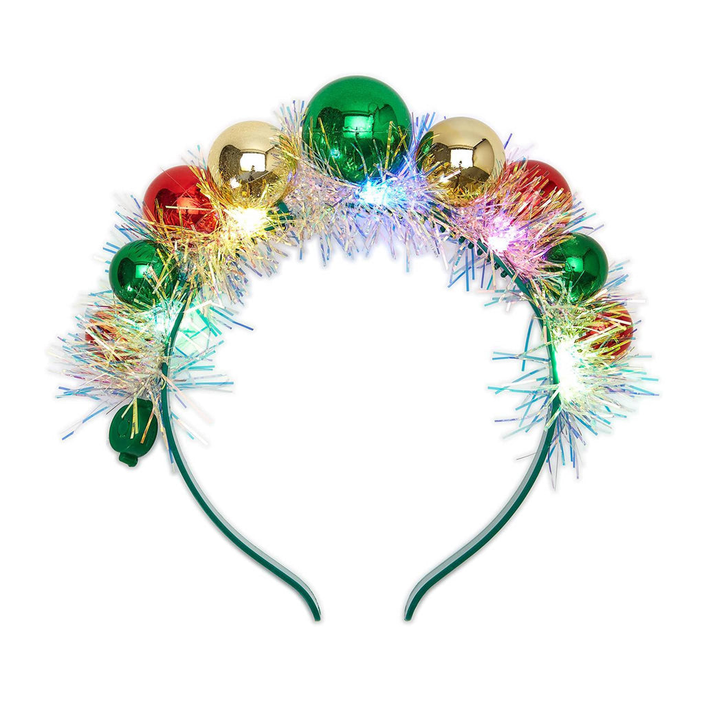 Two's Company Baubles Belle light up holiday headband with tinsel, lights on.