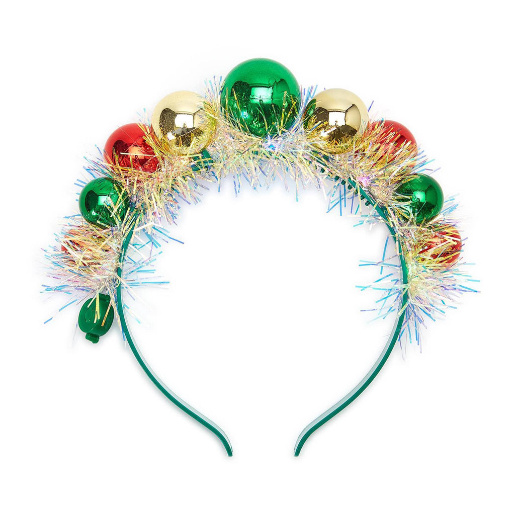 Two's Company Baubles Belle light up holiday headband with tinsel, lights off.