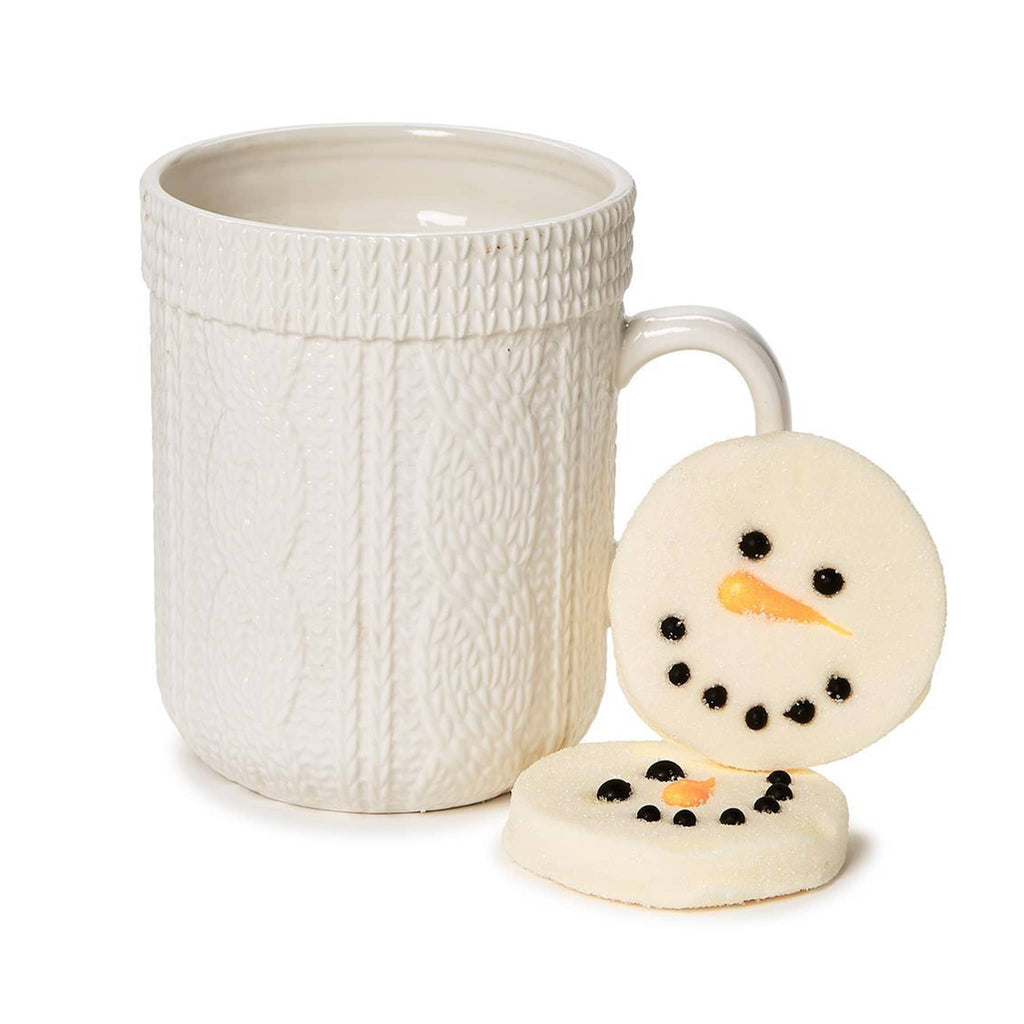 Two's Company white cable knit stoneware mug with vanilla flavored marshmallow hot cocoa toppers.