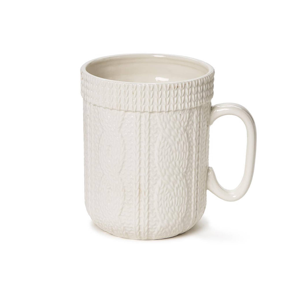 Two's Company white cable knit stoneware mug.